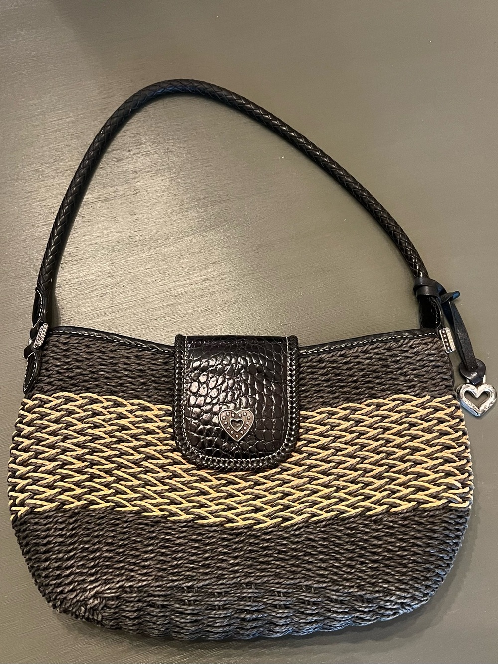 Brighton Woven Straw and Black-Leather Shoulder Bag
